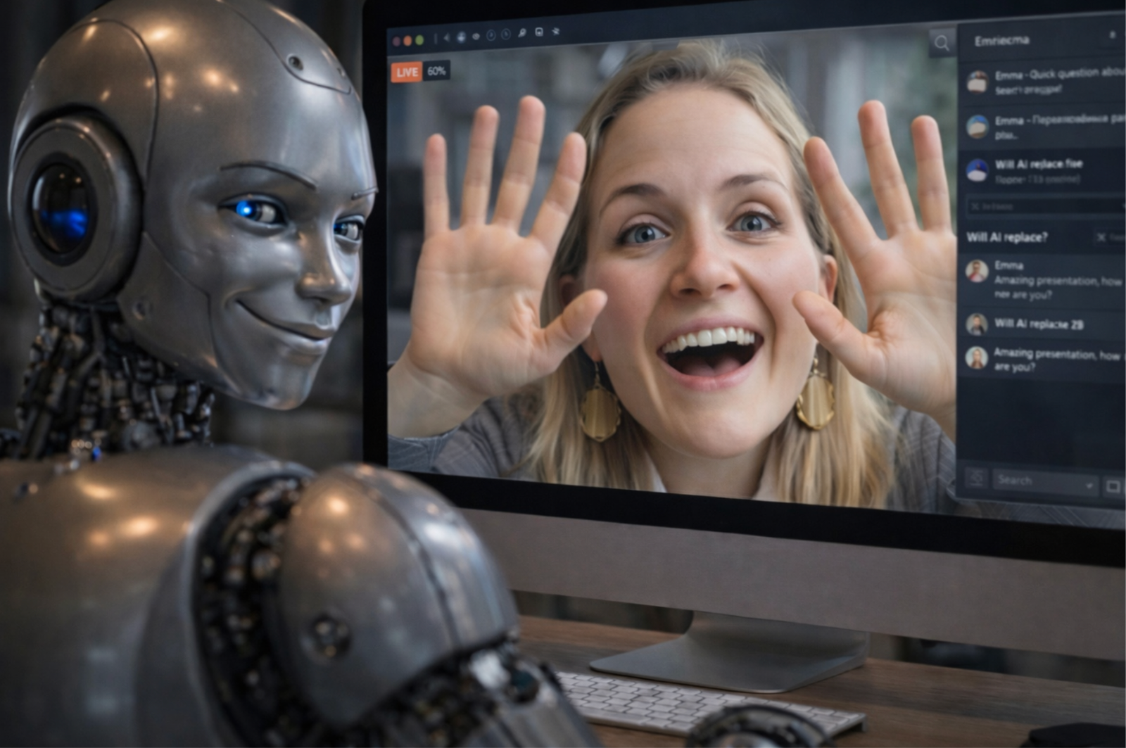 Emma Farquharson appearing inside a computer screen